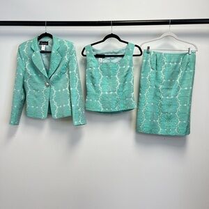 Vintage Frascara 3 Piece Teal Floral Suit Set | Blazer, Top & Skirt | Size 4